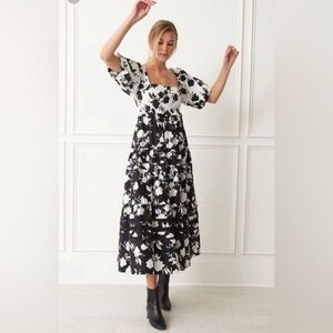 Mi Golondrina Black and White Floral Luisa Midi Dress Women Medium